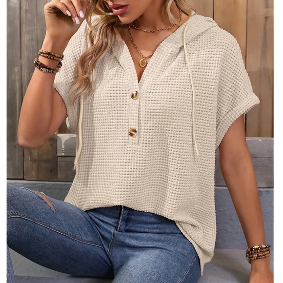 Cozy Waffle Knit Button Hoodie Cuff Sleeve Top - Picture 3 of 3